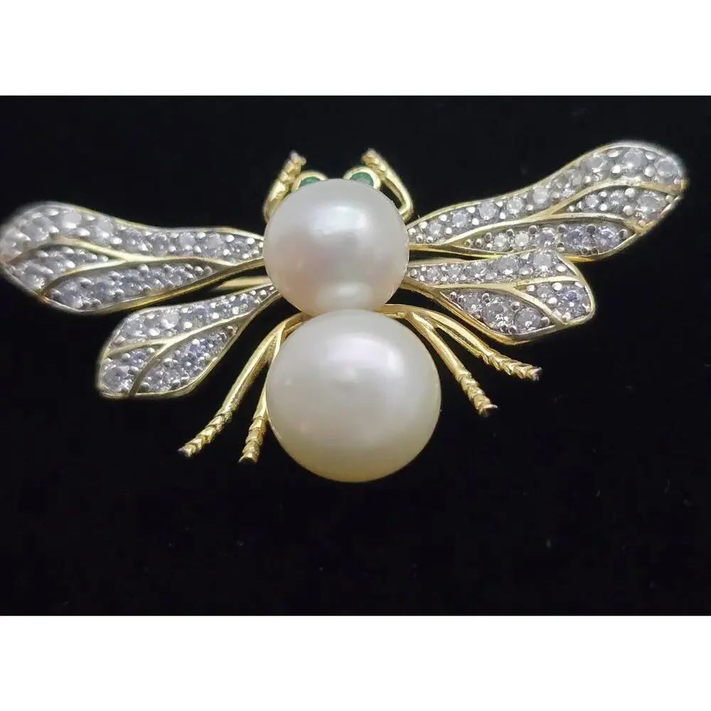 Sterling 925 Gold Plated 18k Bee Brooch Pin Cultured Pearls CZs